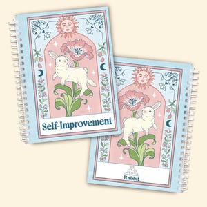 May include: Two spiral-bound notebooks with light blue covers. Each features a white rabbit illustration with a floral and celestial design in pink and green. The text "Self-Improvement" is on one notebook.