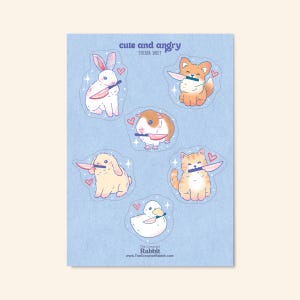 Cute and Angry Vinyl Sticker Sheet, Kawaii Stickers, Rabbit Sticker, Sticker Sheet, Rabbit sticker sheet, Cute Animals
