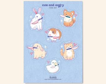 Cute and Angry Animal Vinyl Sticker Sheet, Kawaii Rabbit Stickers