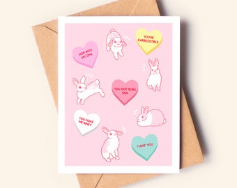 Candy Heart Rabbit Valentine's Day Greeting Card, Blank Card, Valentine's Day Card, Valentine's Day, Valentines Gift, Valentine's Gift