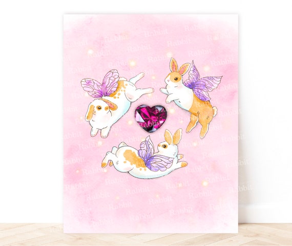 Fairy Rabbit Gem Art Print, Customizable Fine Art Print, Pick Your Gem, Gemstone Art Print, Birthstone Art Print, Fairycore, Gift for Her