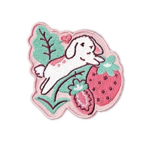 ストロベリーラビット刺繍アイロンパッチ、ラビット刺繍パッチ、バニーアイロンパッチ、クールパッチ、バックパックパッチ、ジーンズジャケットパッチ