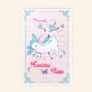 Feminine Rage Rabbit Risograph Print, Limited Edition Art (11x17)