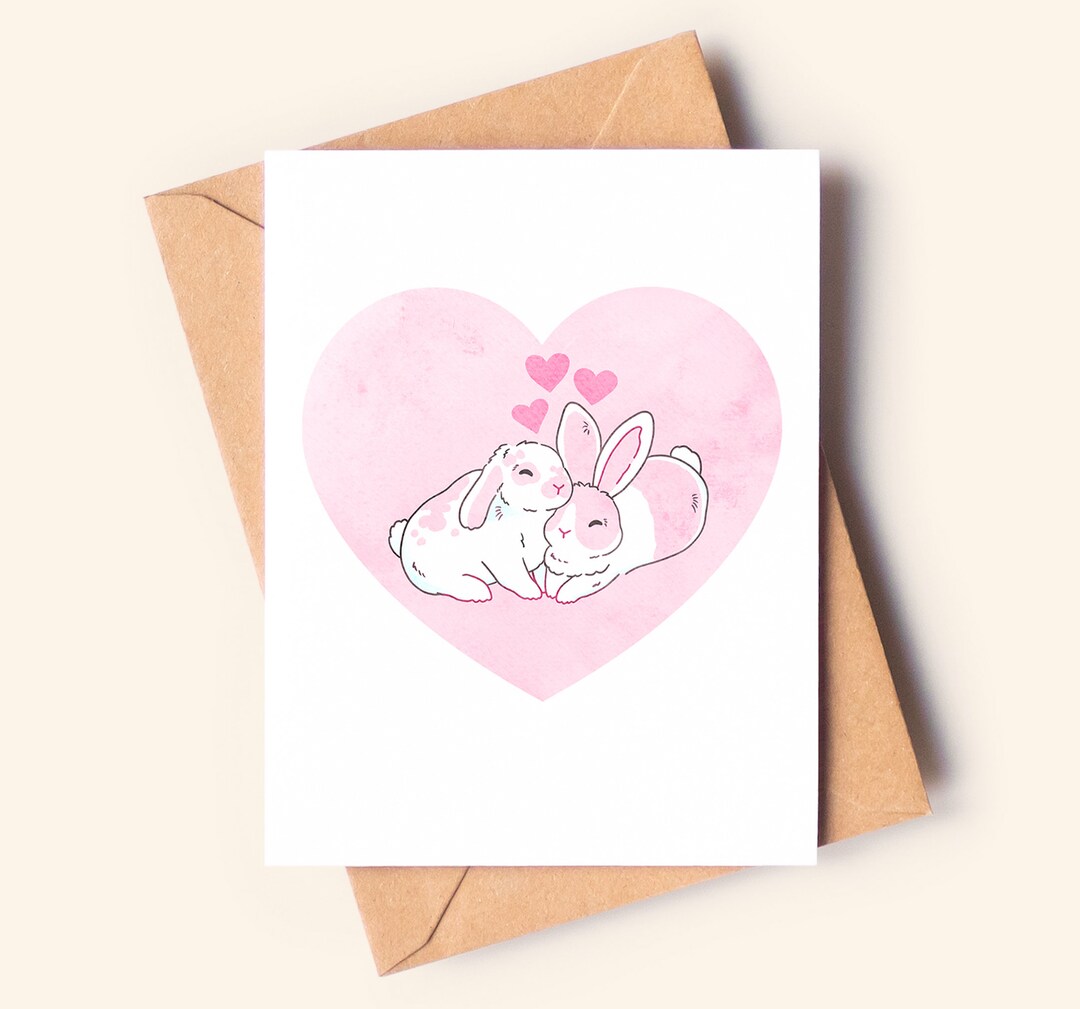 Heart Cards Rabbit Cuddle Rabbit Heart Greeting Card, Blank Card, Valentine's Day Card ...