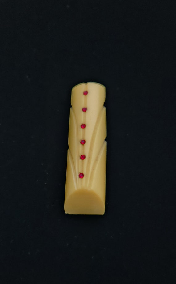 Celluloid 1930s Carved Cream with Red Rhinestones… - image 3