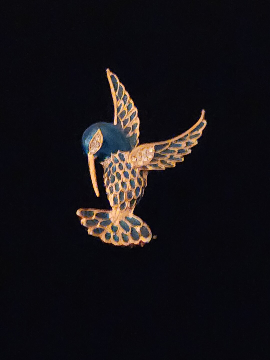 Broche Vintage Hibou Tissé Fil Or Et Strass Turquoise - Années 60-70 - États-Unis