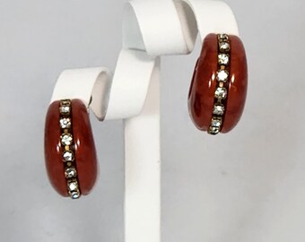 Bakelite Mottled Red with Rhinestones Crystals Mid Century Huggies Clip Back Vintage Earrings