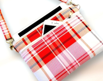 Bolso bandolera grande de algodón a cuadros, monedero para teléfono móvil con ranuras para tarjetas, bolso de viaje ligero