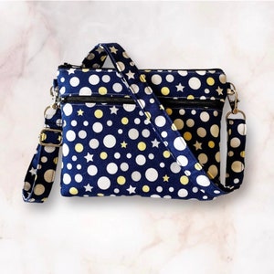 Small Crossbody Bag, Cell Phone Bag, Lightweight Zipper Bag, Everyday Bag, Travel Bag, Shoulder Bag, Useful Gift for Friend, Navy Dots Stars