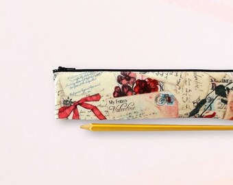 Floral Cotton Zipper Pouch, Slim Pencil Case, Makeup Brush Holder, Long Zipper  Bag