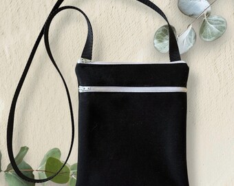 Medium Black Cotton Crossbody Bag: Double Zipper, Lightweight Travel Purse