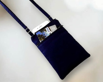 Mini Cotton Crossbody Bag: Double Zipper Navy Cell Phone Purse, Handmade, 51 x 2 Selections