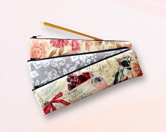Floral Cotton Zipper Pouch, Slim Pencil Case, Cosmetic Bag, Makeup Brush Holder
