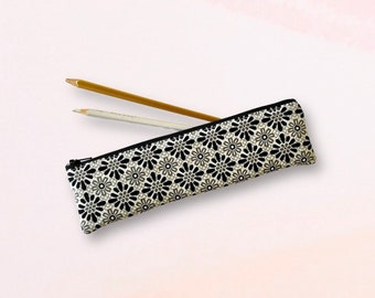 Floral Cotton Zipper Pouch: Slim Makeup Brush or Pencil Case, Cosmetic Bag, Onyx