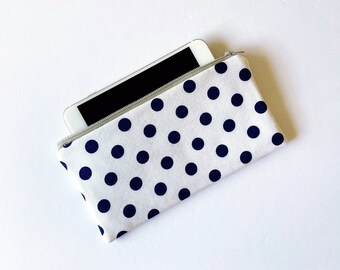 Cotton Zipper Pouch, iPhone Bag, Navy Dot Everyday Bag, Eyeglasses Case