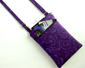 Floral Plum Cotton Mini Crossbody Bag, Double Zipper Bag, Adjustable Strap, Everyday Purse, Lightweight