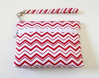 Chevron Red Cotton Wristlet: Double Zipper Cell Phone Bag