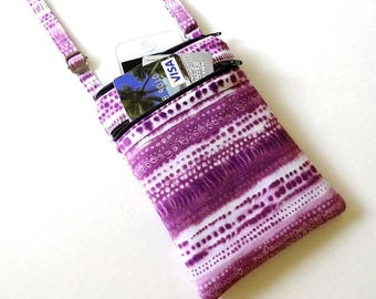 Mini bolso bandolera morado con diseño de rayas tie-dye, soporte para teléfono móvil, correa ajustable, ligero