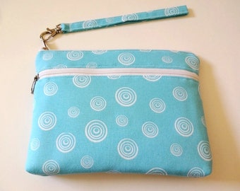 Bolso de mano de algodón azul con doble cremallera: funda para teléfono móvil, cartera ligera de viaje, neceser de maquillaje