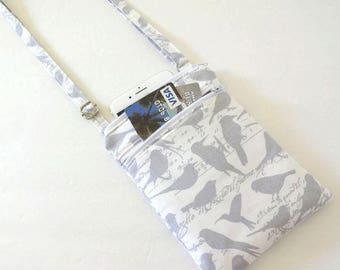 Mini Crossbody Bag, Cotton Cell Phone Bag, Bird Print, Adjustable Strap, Everyday Purse, Lightweight
