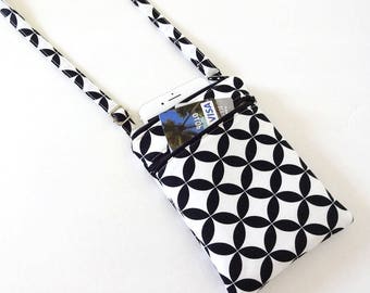 Mini Cotton Crossbody Bag, Black & White , Double Zipper Pouch, Adjustable Strap, Everyday Purse, Lightweight