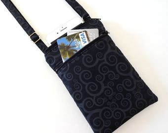 Cotton Mini Crossbody Bag, Cell Phone Holder, Adjustable Strap, Everyday Zipper Bag, Lightweight, Black