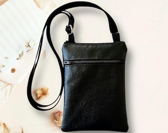 Mini bolso bandolera de piel sintética, monedero para móvil, negro con cremallera, correa ajustable, ligero