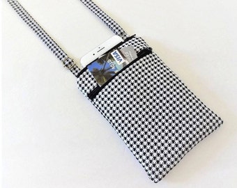 Mini Crossbody Cell Phone Bag: Houndstooth Cotton, Double Zipper, Adjustable Strap, 50x2 Selections