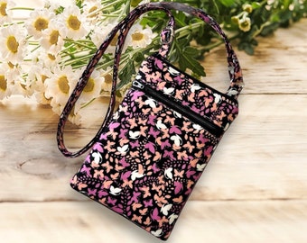 Butterfly Cotton Mini Crossbody Bag, Double Zipper Cell Phone Bag, Adjustable Strap, Lightweight