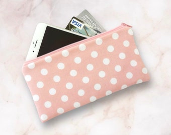 Pink Polka Dot Cotton Zipper Pouch, iPhone Bag, Eyeglasses Case