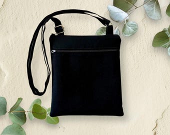 Medium Cotton Crossbody Bag: Lightweight Double Zipper Travel Shoulder Bag, Black, 50 x 2 Selections