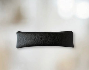 Faux Leather Zipper Pouch, Slim Pencil Case, Makeup Brush Holder