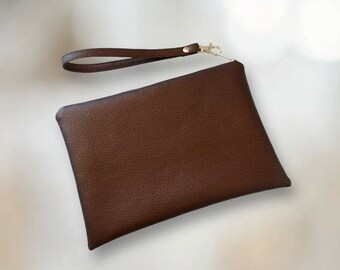 Faux Leather Zipper Wristlet Clutch, Brown Cosmetic Pouch