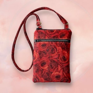 Mini Crossbody Bag, iPhone Cross body Bag, Zipper Bag, Lightweight Bag, Everyday Bag, Travel Bag, Shoulder Bag, Gift for Friend, Red Rose