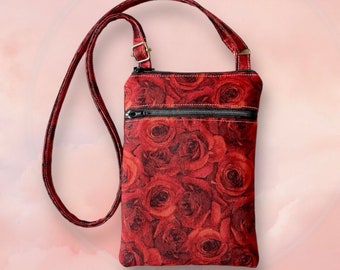 Mini bolso bandolera de algodón con diseño de rosa roja, con doble cremallera para iPhone, correa ajustable, ligero.