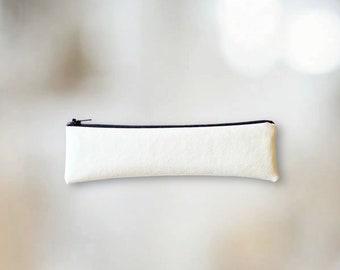 Cream Faux Leather Zipper Pouch, Slim Makeup Brush Bag, Slim Pencil Case