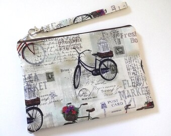 Vintage Bicycle Print Cotton Wristlet: Everyday Zipper Bag, Makeup Pouch