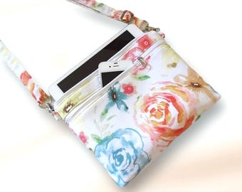Bolso bandolera grande con rosas de acuarela: bolso ligero de algodón para celular, correa ajustable, selección de 50 x 2
