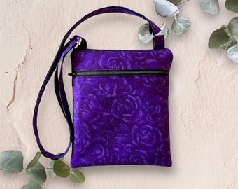 Medium Handmade Cotton Crossbody Bag: Purple Floral Travel Shoulder Bag, Double Zipper, 50x2 Selections