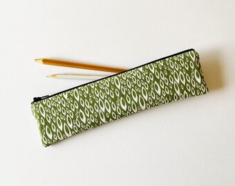 Olive Green Cotton Zipper Pouch: Slim Makeup Brush or Pencil Case, Cosmetic Bag