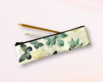 Floral Cotton Zipper Pouch: Slim Makeup Brush or Pencil Case, Cosmetic Bag, Butterfly
