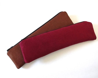 Suede Zipper Pouch, Slim Pencil Case, Makeup Brush Holder (Brown, Wine Red)