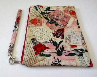 Floral Cotton Zipper Wristlet: Vintage Valentine Makeup Bag, Everyday Pouch