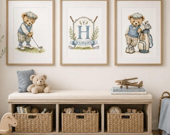 Golf Nursery Wall Art | Vintage Teddy Bear Golf Prints | Personalized Golf Monogram | Baby Boy Nursery Decor | Sports Nursery Prints