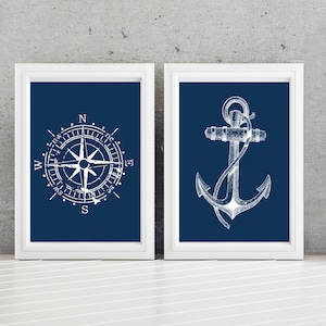 Nautical Decor - Beach House Art - Nautical Bathroom Art - Nautical Bath Art - Compass Art - Anchor Art - Nautical Nursery Art (NS-703)