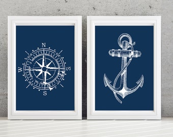 Nautical Art Prints – Compass and Anchor Sketch, Navy & White