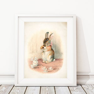 Beatrix Potter Nursery Art Print. Beatrix Potter Print. Bunny Drinking Tea. Peter Rabbit Nursery Art. Peter Rabbit Girl. Peter Rabbit Print.