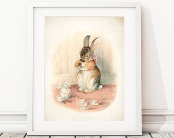 Beatrix Potter Nursery Art Print. Beatrix Potter Print. Bunny Drinking Tea. Peter Rabbit Nursery Art. Peter Rabbit Girl. Peter Rabbit Print.