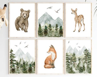 Watercolor Woodland Animal Nursery Art Prints, Set of 6