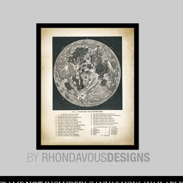 Full Moon Map Reproduction. Vintage Lunar Astronomy Wall Art Print. Geography Moon Chart. Telescopic View of the Moon. Moon Topography. 472